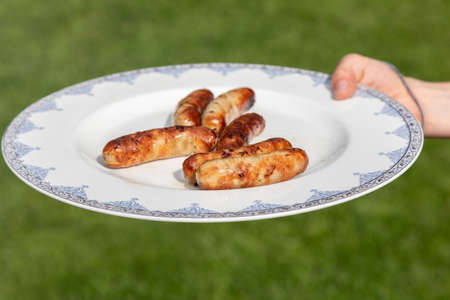 hand holds plate with small grilled sausagesの写真素材