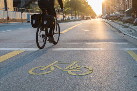 cyclist on a popup bike lane in the hamburg harbor city
