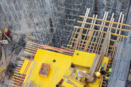 timber formwork beams on scaffoldingの写真素材
