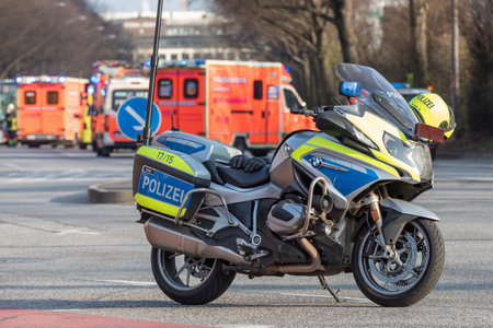 German police motorcycle to block the road in the event of an accidentのeditorial素材