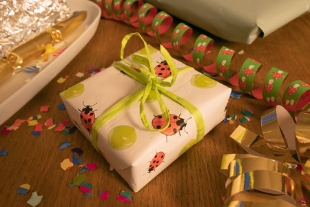 present and decoration on the tableの写真素材