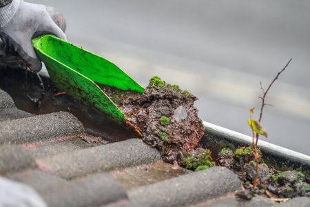 xcleaning of a rain gutter with shovelの写真素材
