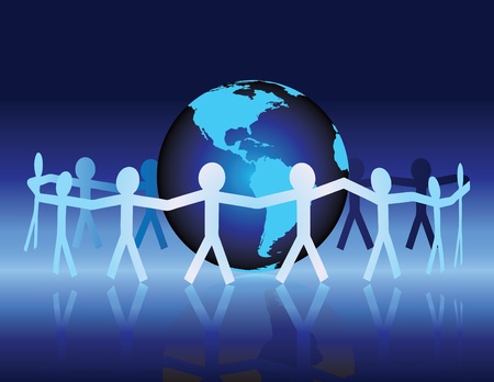 A conceptual illustrtion of a team of paper peoople uniting around a globe of the Earth.のイラスト素材