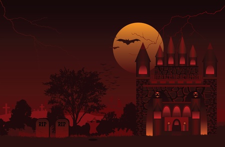 A Halloween scene of a haunted house upon a graveyardのイラスト素材