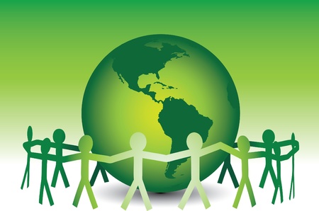 A team of paper people uniting around a clean green Earth.のイラスト素材