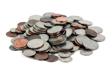 A pile of US Coins shot on a white backgroundの写真素材