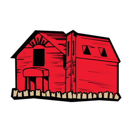 Farm barn cowshed building exterior with tractor and windmill flat vector illustrationのイラスト素材