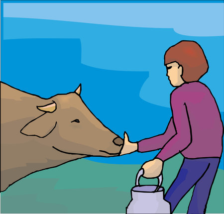 Cartoon character illustration of Little girl feeds a cow vector designのイラスト素材