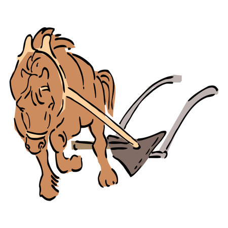 Closeup outline black ink pen hand drawn big horse manual cut job age wood device.のイラスト素材