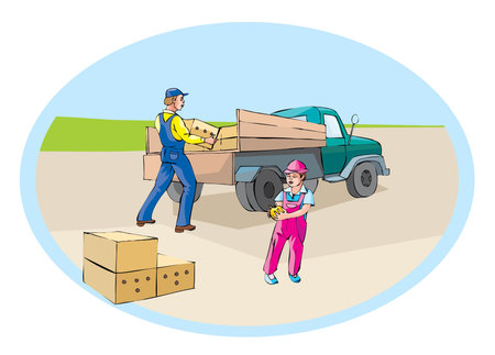 Cartoon characters of farmer loading apples onto a truck vector design illustrationのイラスト素材