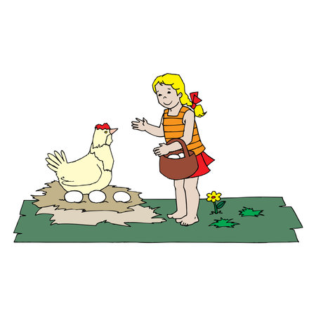 Cartoon characters of girl Picking Eggs vector design illustrationのイラスト素材