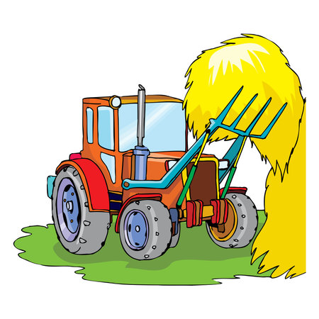 A hand drawn of a farm tractor isolated on white. Heavy agricultural machinery for field work. Side view of modern tractorのイラスト素材