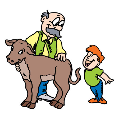 Cartoon character of farmer showing cow with his son vector design illustrationのイラスト素材