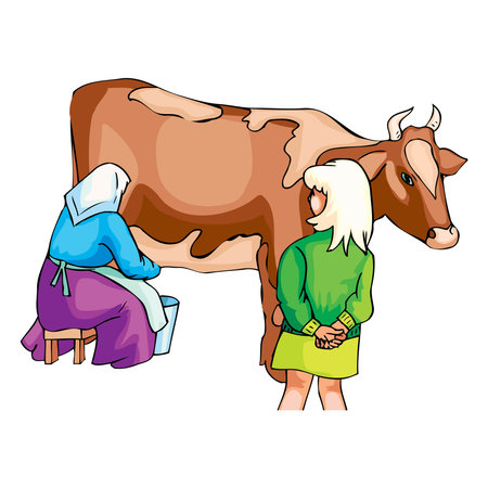 Cartoon characters of woman milking cow vector design illustrationのイラスト素材