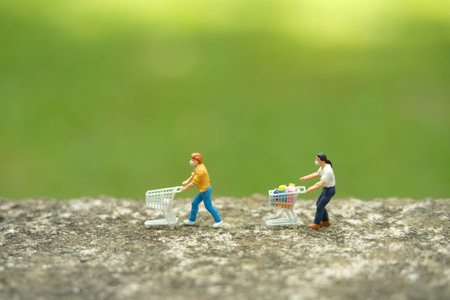 Group of people go to shopping with maintain their physical distance. Miniature people figurines toys conceptual photography.の写真素材