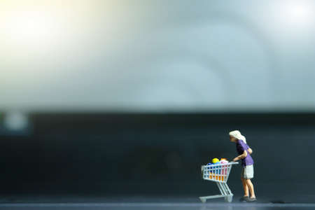 A woman doing safe solo shopping at supermarket wearing a face mask. Miniature people figurines toys conceptual photography.の写真素材