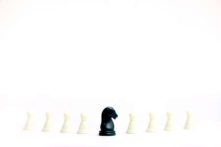 Black pawn horse chess piece on white pawn line isolated on white background. image photo
