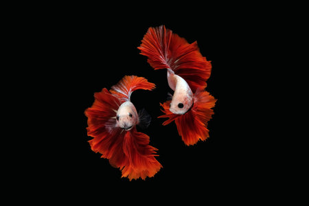 Photo collage flaying and dancing betta siamese fighting fish on a water isolated on black background (Halfmoon Rosetail Mascot Red Dragon type)の写真素材