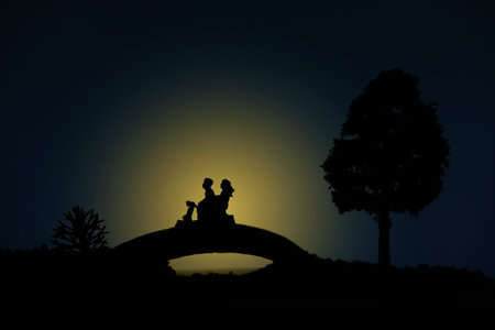 miniature people / toy photography - conceptual valentine holiday illustration. A happy couple silhouette riding scooter above bridge at night with moon lightの写真素材