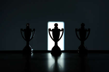 Business strategy conceptual photo â Silhouette of trophy stand in the middle of office tableの写真素材