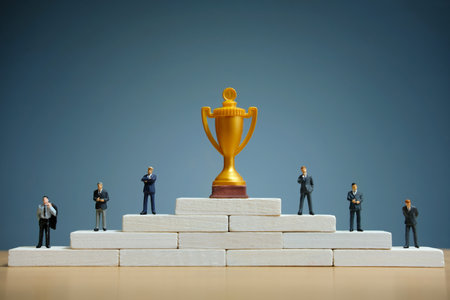 Business strategy conceptual photo - Miniature of businessman stands on podium ladder with golden trophyの写真素材