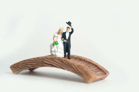 Wedding and marriage newlywed couple concept miniature people toy photography. Bride and groom standing above wooden bridge. Image photoの写真素材
