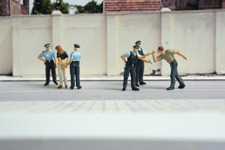 Miniature people of a girl or woman arrested by police and military security officer. image photoの写真素材