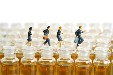 Miniature people toy figure photography. Vaccination for teenagers concept. A group of junior senior...