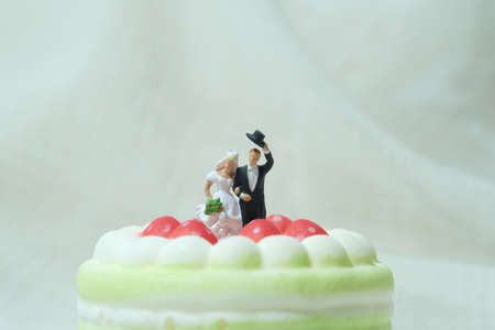 Bride and groom standing above cake with white blurry background. Image photoの写真素材