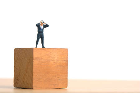 Businessman using binoculars standing above brown wooden cube. Miniature tiny people toys photography. isolated on white background.の写真素材