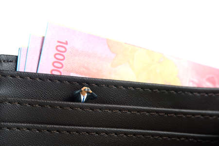 Businessman using binoculars standing on leather wallet with money inside. Miniature tiny people...