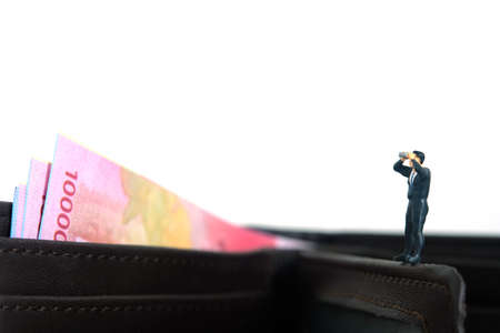Businessman using binoculars standing on leather wallet with money inside. Miniature tiny people toys photography. isolated on white background.の写真素材