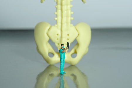 Miniature people toy figure photography. A doctor nurse looking on x ray result scan film in front...