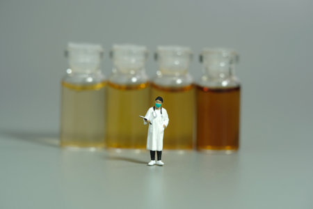 Miniature people toy figure photography. Urine test concept. A female doctor standing in front of ampoule bottle with four different urine color. Image photoの写真素材