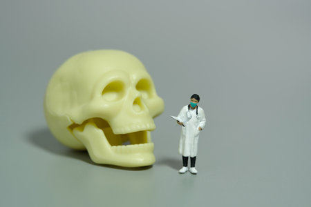 Miniature people toy figure photography. A female doctor standing beside head skull bone on grey background. Image photoの写真素材