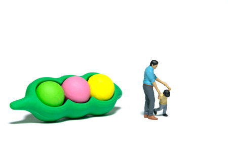 Miniature people toy figure photography. Kids refuse eat vegetable concept. A father and son walking in front of nuts. Isolated white background. Image photoの写真素材
