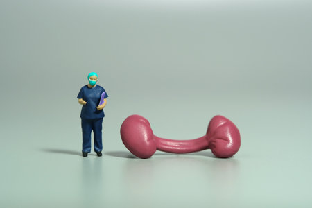 Miniature people toy figure photography. A female doctor surgeon holding clipboard standing beside kidney organ. Isolated grey background. Image photoの写真素材
