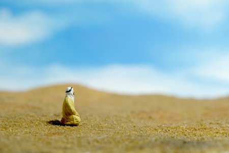 Miniature people toy figure photography. Middle eastern man wearing traditional clothes sit and make a pray in the desert. Image photoの写真素材