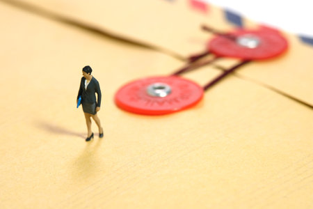 Miniature people toy figure photography. A businesswoman standing walking above mail letter message envelope. Isolated on white background. Image photoの写真素材
