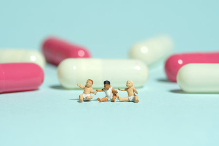 Miniature tiny people toy figure photography. Group of infant baby seat in front of medicine pill tablet capsule. Isolated on blue background. Image photoの写真素材