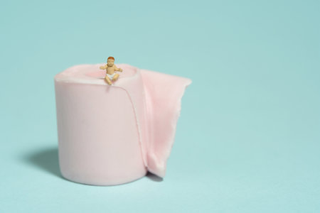 Miniature tiny people toy figure photography. A boy toddler infant whimpering, seat above rolled tissue paper. Isolated on blue background. Image photoの写真素材