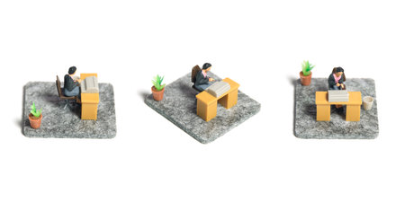 Miniature tiny people toy figure photography. Workspace station layout design concept. A businesswomen seat on his desk, busy, working her job. Isolated on a white background. Image photoの写真素材