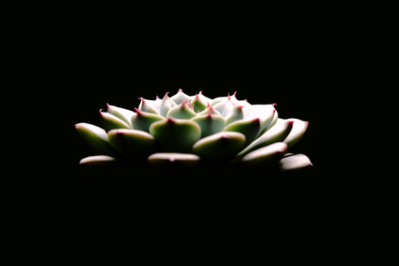 Echeveria Minima Blue succulent plant, beautiful flower in green yellow bluish color. Isolated on black background. Image photoの写真素材