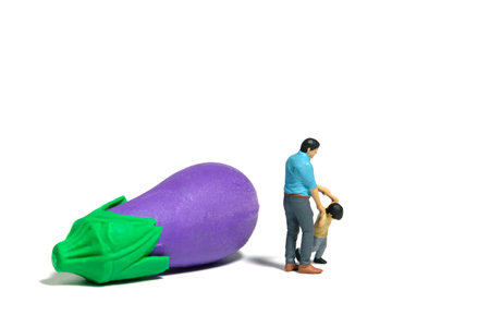 Miniature people toy figure photography. Kids refuse eat vegetable concept. A father and son walking in front of eggplant. Isolated white background.の写真素材