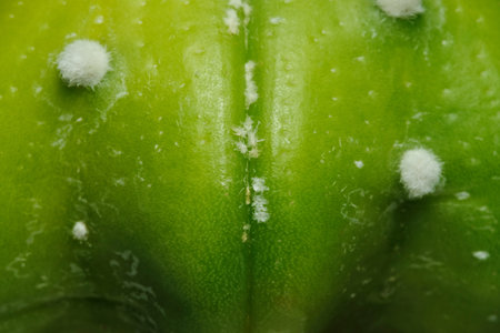 Close up aeroles Astrophytum asterias nudum ooibo star shape lemon color. Isolated on black...