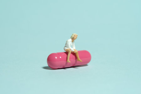 Miniature tiny people toy figure photography. A girl teenager sitting above pink medicine pill. Isolated on blue background. Image photoの写真素材