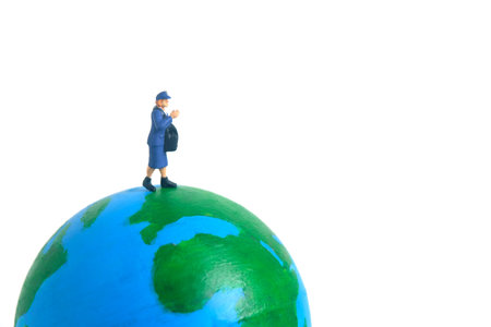 Miniature people toys conceptual photography. Global, international delivery service. Postman,...