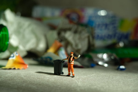 Miniature people toy figure photography. Cleaning workers with trash bin walking in between plastic drink bottles scattered on the floor. Image photoの写真素材