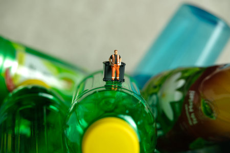 Miniature people toy figure photography. Cleaning worker with trash bin walking between drink bottle plastic. Image photoの写真素材