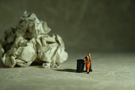 Miniature people toy figure photography. Cleaning worker with trash bin walking between crumple ball of paper on the floor. Image photoの写真素材